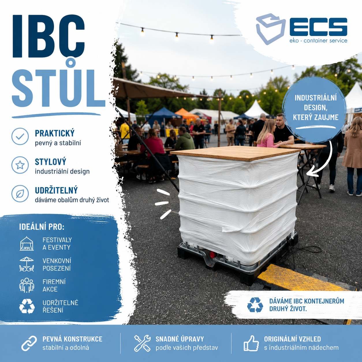 Originální využití IBC kontejnerů: Stylový stůl na festival, zahradu i eventy